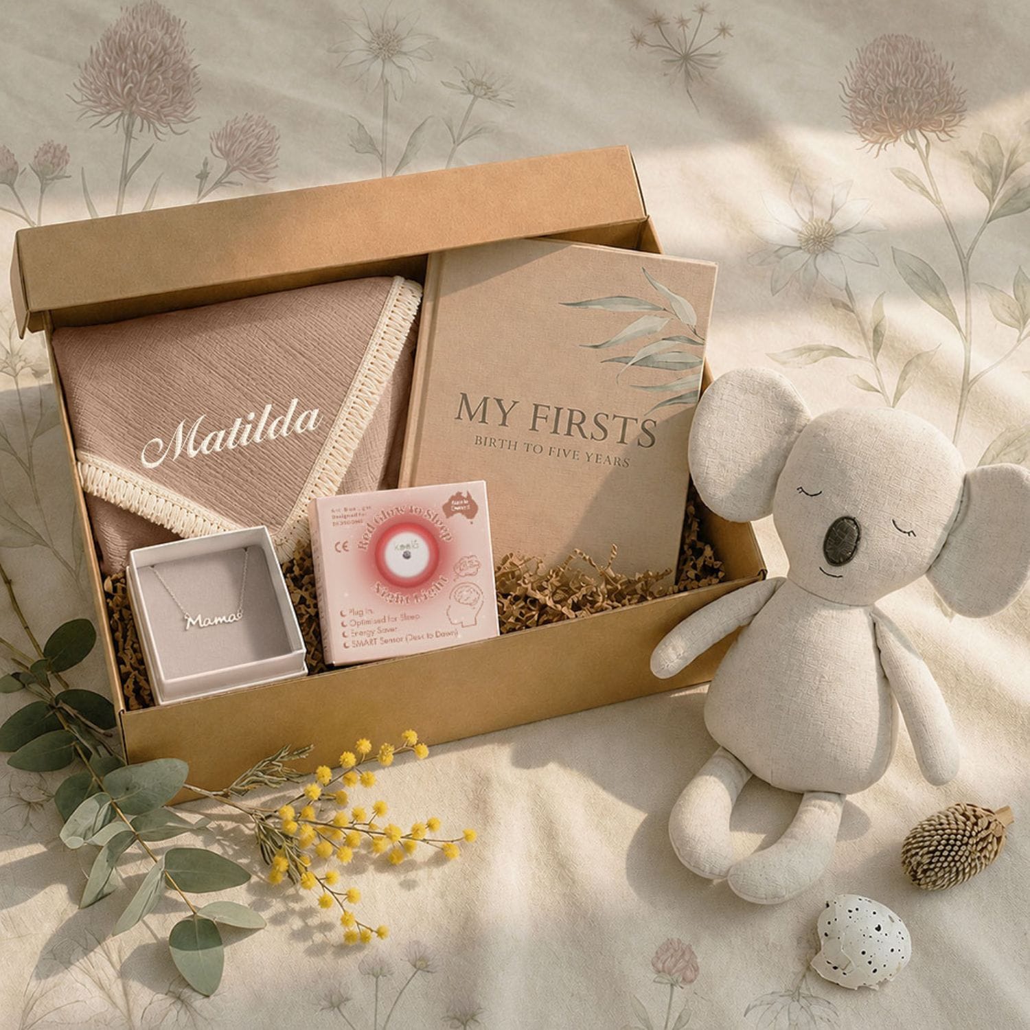 baby-hamper-Australia-neutral-newborn-gift-box-swaddle-koala-plush-memory-book-and-night-light